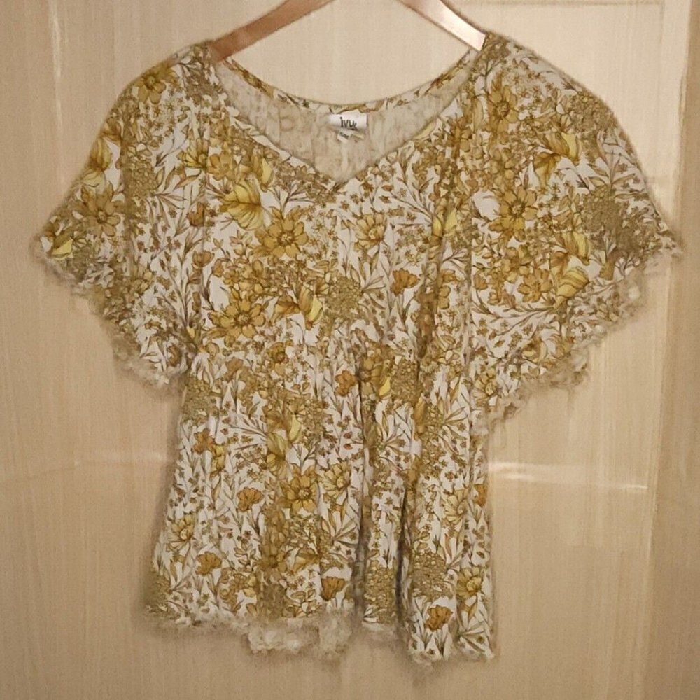 Ivy Jane Linen blend Yellow Cream Floral Distressed Oversized Cropped Top Small